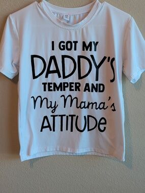 SHEIN White Kids Short Sleeve Tee with Black Text "I Got My Daddy's Temper"